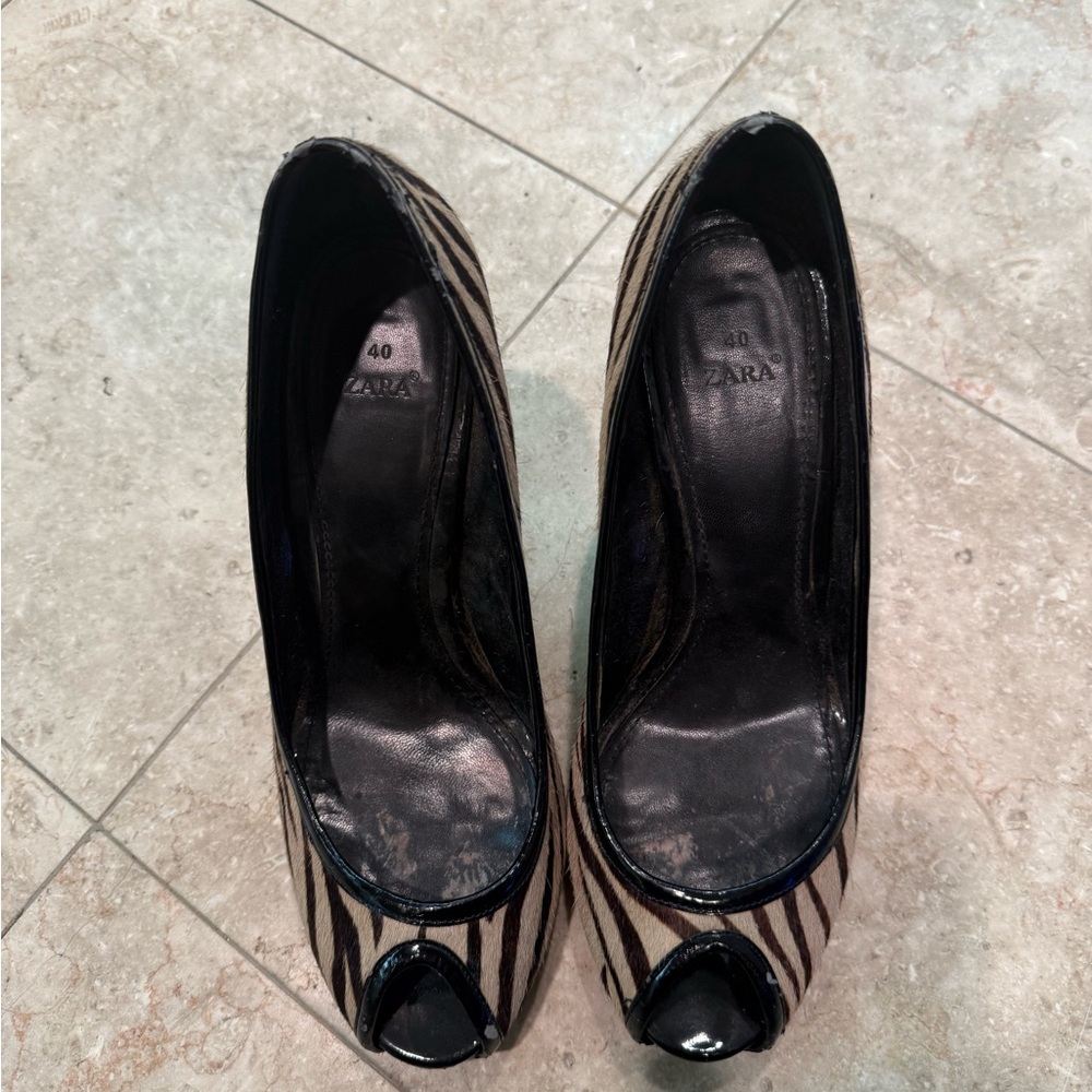 Zara Zebra Cowhide Print Peep Toe Heels